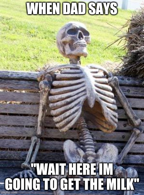 When dad goes to get the milk | WHEN DAD SAYS; "WAIT HERE IM GOING TO GET THE MILK" | image tagged in memes,waiting skeleton | made w/ Imgflip meme maker