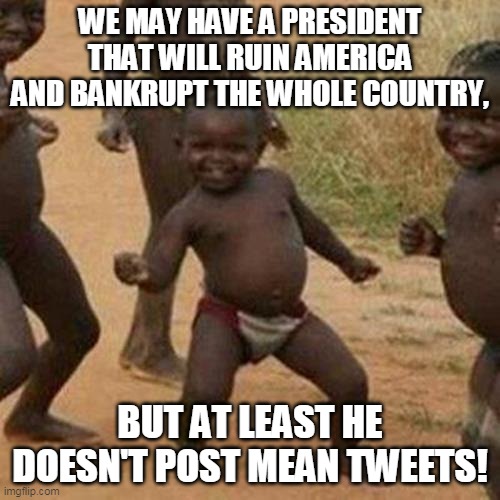 Third World Success Kid | WE MAY HAVE A PRESIDENT THAT WILL RUIN AMERICA AND BANKRUPT THE WHOLE COUNTRY, BUT AT LEAST HE DOESN'T POST MEAN TWEETS! | image tagged in memes,third world success kid | made w/ Imgflip meme maker