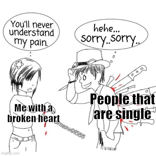 I Don't Mean Any Offence To Anyone | People that are single; Me with a broken heart | image tagged in you'll never understand my pain | made w/ Imgflip meme maker