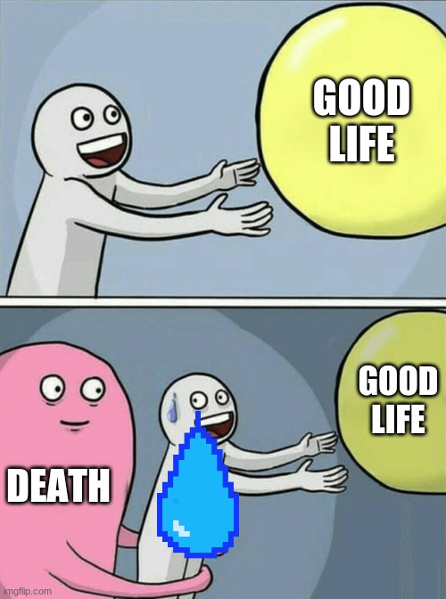 Runaway | GOOD LIFE DEATH GOOD LIFE | image tagged in memes,running away balloon | made w/ Imgflip meme maker