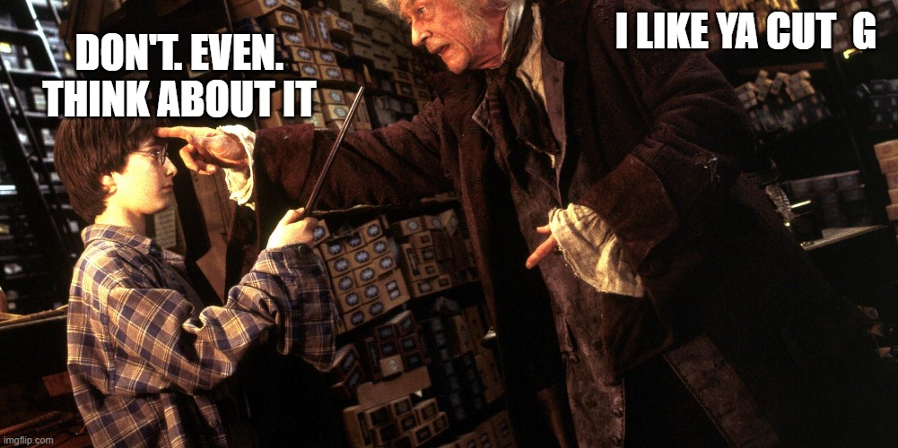 Harry stops cut G | DON'T. EVEN. THINK ABOUT IT; I LIKE YA CUT  G | image tagged in lol so funny | made w/ Imgflip meme maker