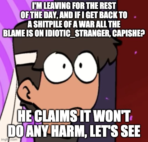 Adios | I'M LEAVING FOR THE REST OF THE DAY, AND IF I GET BACK TO A SHITPILE OF A WAR ALL THE BLAME IS ON IDIOTIC_STRANGER, CAPISHE? HE CLAIMS IT WON'T DO ANY HARM, LET'S SEE | made w/ Imgflip meme maker