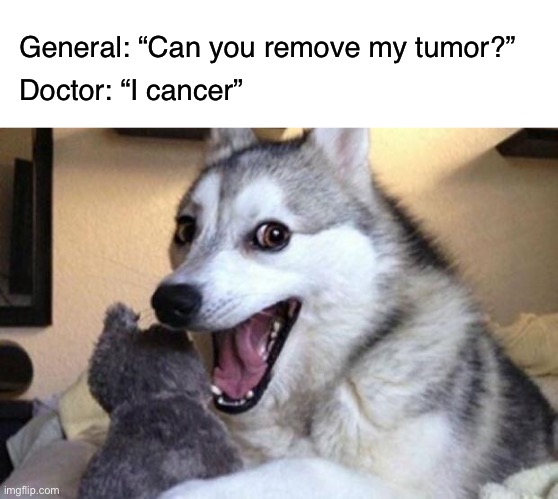 Bad pun dark humor WHY | General: “Can you remove my tumor?”; Doctor: “I cancer” | image tagged in blank white template,bad pun dog,funny,cancer,memes | made w/ Imgflip meme maker