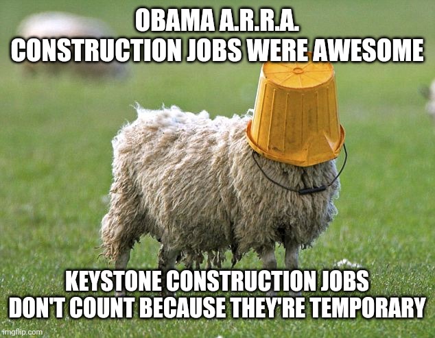 stupid sheep | OBAMA A.R.R.A. CONSTRUCTION JOBS WERE AWESOME KEYSTONE CONSTRUCTION JOBS DON'T COUNT BECAUSE THEY'RE TEMPORARY | image tagged in stupid sheep | made w/ Imgflip meme maker
