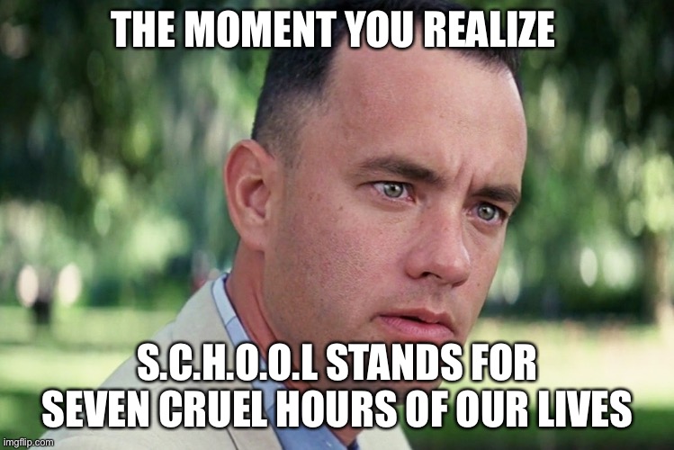 Facts | THE MOMENT YOU REALIZE; S.C.H.O.O.L STANDS FOR SEVEN CRUEL HOURS OF OUR LIVES | image tagged in memes,and just like that | made w/ Imgflip meme maker