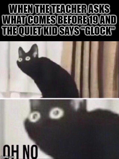 title | WHEN THE TEACHER ASKS WHAT COMES BEFORE 19 AND THE QUIET KID SAYS "GLOCK" | image tagged in oh no cat,memes,quiet kid | made w/ Imgflip meme maker