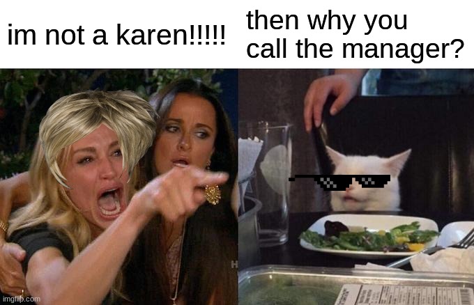 Woman Yelling At Cat | im not a karen!!!!! then why you call the manager? | image tagged in memes,woman yelling at cat | made w/ Imgflip meme maker