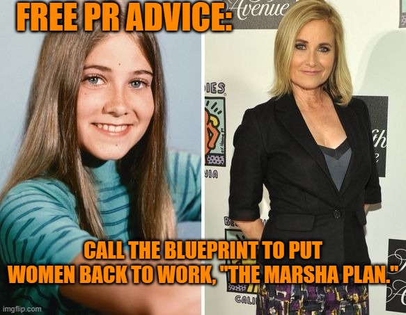 Marsha! Marshq! Marsha! | FREE PR ADVICE:; CALL THE BLUEPRINT TO PUT WOMEN BACK TO WORK, "THE MARSHA PLAN." | image tagged in politics | made w/ Imgflip meme maker