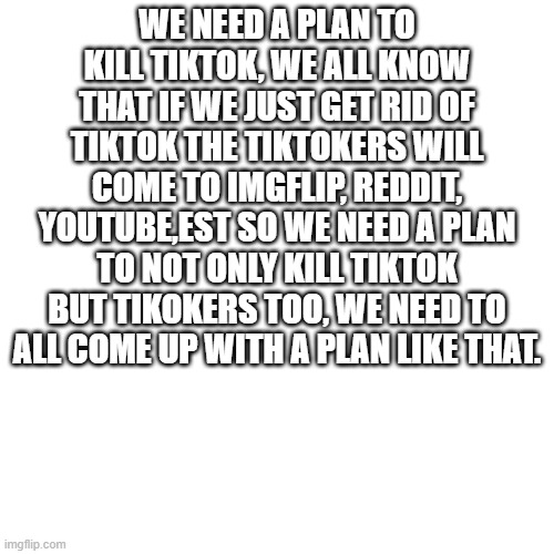 Blank Transparent Square | WE NEED A PLAN TO KILL TIKTOK, WE ALL KNOW THAT IF WE JUST GET RID OF TIKTOK THE TIKTOKERS WILL COME TO IMGFLIP, REDDIT, YOUTUBE,EST SO WE NEED A PLAN TO NOT ONLY KILL TIKTOK BUT TIKOKERS TOO, WE NEED TO ALL COME UP WITH A PLAN LIKE THAT. | image tagged in memes,blank transparent square | made w/ Imgflip meme maker