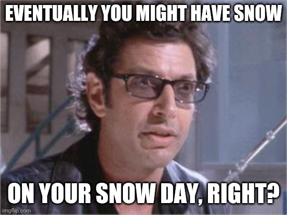 Jeff Goldblum | EVENTUALLY YOU MIGHT HAVE SNOW; ON YOUR SNOW DAY, RIGHT? | image tagged in jeff goldblum | made w/ Imgflip meme maker