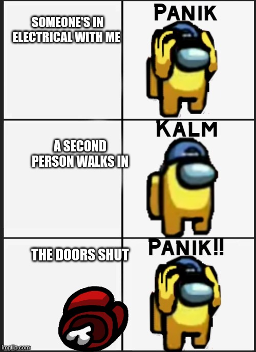 Among us Panik | SOMEONE'S IN ELECTRICAL WITH ME; A SECOND PERSON WALKS IN; THE DOORS SHUT | image tagged in among us panik | made w/ Imgflip meme maker