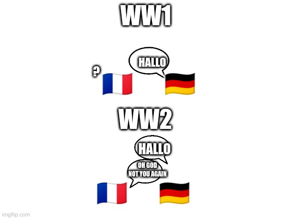 Halo |  WW1; 🇫🇷       🇩🇪; HALLO; ? WW2; HALLO; OH GOD NOT YOU AGAIN; 🇫🇷       🇩🇪 | image tagged in blank white template | made w/ Imgflip meme maker