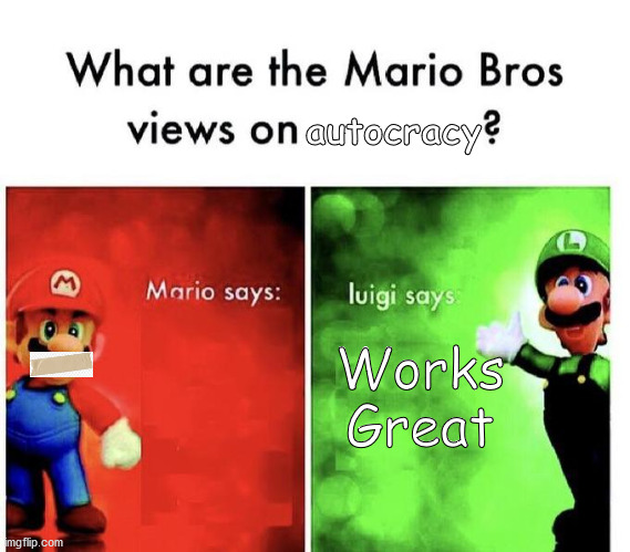 Mario Bros Views | autocracy; Works Great | image tagged in mario bros views,duct tape | made w/ Imgflip meme maker