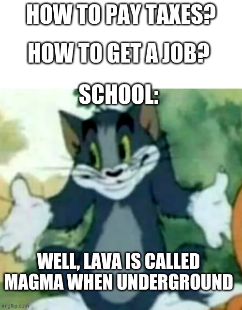 Yes. | HOW TO GET A JOB? HOW TO PAY TAXES? SCHOOL:; WELL, LAVA IS CALLED MAGMA WHEN UNDERGROUND | image tagged in meme,memes,fun | made w/ Imgflip meme maker