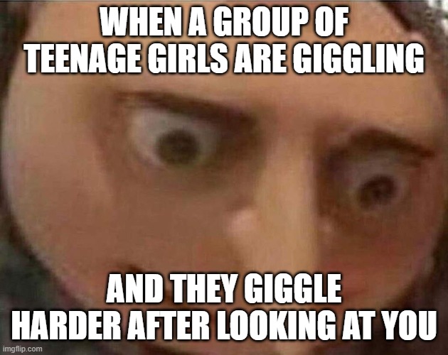 gru meme | WHEN A GROUP OF TEENAGE GIRLS ARE GIGGLING; AND THEY GIGGLE HARDER AFTER LOOKING AT YOU | image tagged in gru meme | made w/ Imgflip meme maker