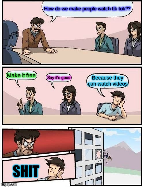 Boardroom Meeting Suggestion Meme | How do we make people watch tik tok?? Make it free; Say it's good; Because they can watch videos; SHIT | image tagged in memes,boardroom meeting suggestion | made w/ Imgflip meme maker