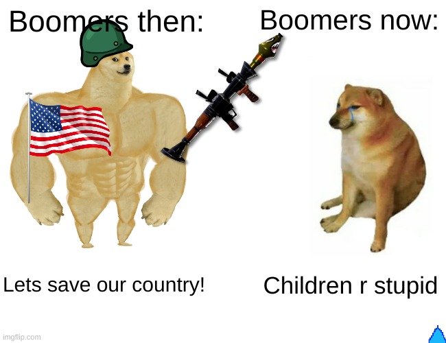 boomers | Boomers then:; Boomers now:; Lets save our country! Children r stupid | image tagged in memes,buff doge vs cheems | made w/ Imgflip meme maker