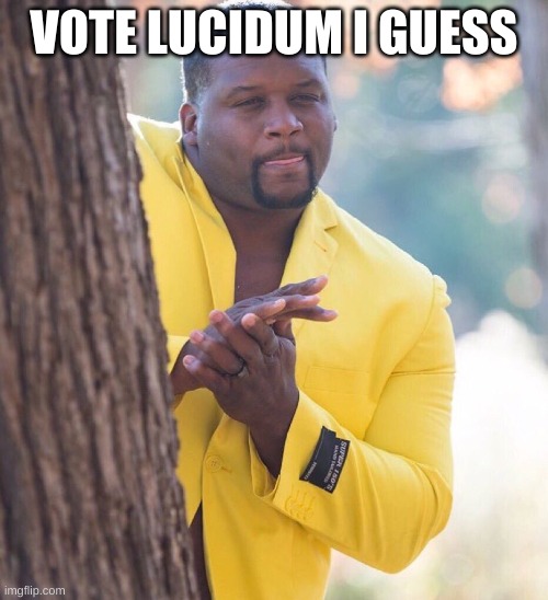 idk | VOTE LUCIDUM I GUESS | image tagged in black guy hiding behind tree | made w/ Imgflip meme maker