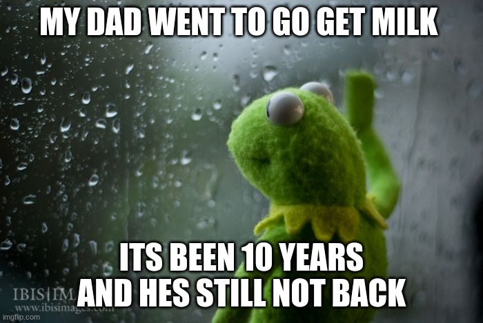 kermit window | MY DAD WENT TO GO GET MILK; ITS BEEN 10 YEARS AND HES STILL NOT BACK | image tagged in kermit window | made w/ Imgflip meme maker