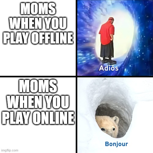 Is this a repost, if so, I'm sorry :( | MOMS WHEN YOU PLAY OFFLINE; MOMS WHEN YOU PLAY ONLINE | image tagged in adios bonjour | made w/ Imgflip meme maker