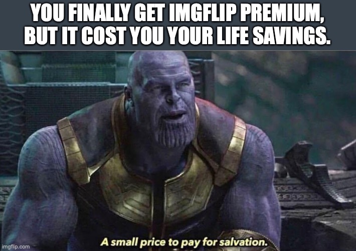 You get Imgflip premium....... | YOU FINALLY GET IMGFLIP PREMIUM, BUT IT COST YOU YOUR LIFE SAVINGS. | image tagged in a small price to pay for salvation | made w/ Imgflip meme maker
