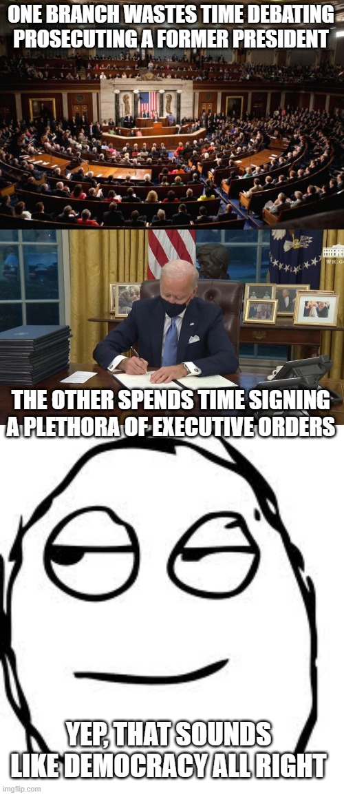 You Should be Freightened... | ONE BRANCH WASTES TIME DEBATING PROSECUTING A FORMER PRESIDENT; THE OTHER SPENDS TIME SIGNING A PLETHORA OF EXECUTIVE ORDERS; YEP, THAT SOUNDS LIKE DEMOCRACY ALL RIGHT | image tagged in congress,biden signs,memes,smirk rage face | made w/ Imgflip meme maker