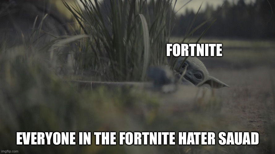 Fortnite sux | FORTNITE; EVERYONE IN THE FORTNITE HATER SQUAD | image tagged in baby yoda hiding behind grass | made w/ Imgflip meme maker
