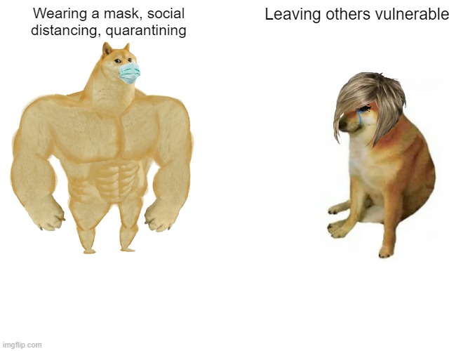 wear a mask | Wearing a mask, social distancing, quarantining; Leaving others vulnerable | image tagged in memes,buff doge vs cheems | made w/ Imgflip meme maker