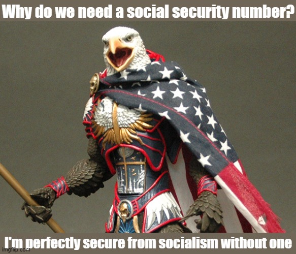 MURICA! | Why do we need a social security number? I'm perfectly secure from socialism without one | image tagged in patriotic defender eagle of america | made w/ Imgflip meme maker