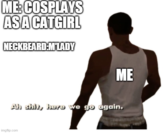I can comfrim that im female lol | ME: COSPLAYS AS A CATGIRL; NECKBEARD:M'LADY; ME | image tagged in aw shit here we go again,m'lady,neckbeard,meme | made w/ Imgflip meme maker