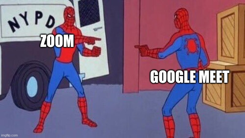 spiderman pointing at spiderman | ZOOM; GOOGLE MEET | image tagged in spiderman pointing at spiderman | made w/ Imgflip meme maker