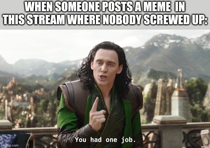Lol | WHEN SOMEONE POSTS A MEME  IN THIS STREAM WHERE NOBODY SCREWED UP: | image tagged in you had one job just the one,funny,memes,so true memes | made w/ Imgflip meme maker
