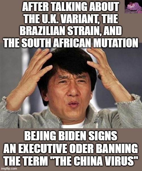 When you are a puppet of the Chinese Communist Party | AFTER TALKING ABOUT THE U.K. VARIANT, THE BRAZILIAN STRAIN, AND THE SOUTH AFRICAN MUTATION; BEJING BIDEN SIGNS AN EXECUTIVE ODER BANNING THE TERM "THE CHINA VIRUS" | image tagged in jackie chan wtf | made w/ Imgflip meme maker