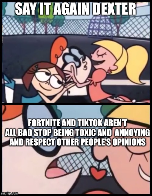 Don’t be that guy | SAY IT AGAIN DEXTER; FORTNITE AND TIKTOK AREN’T ALL BAD STOP BEING TOXIC AND  ANNOYING AND RESPECT OTHER PEOPLE’S OPINIONS | image tagged in memes,say it again dexter | made w/ Imgflip meme maker