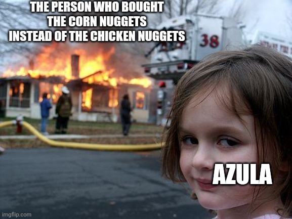 Disaster Girl Meme | THE PERSON WHO BOUGHT THE CORN NUGGETS INSTEAD OF THE CHICKEN NUGGETS AZULA | image tagged in memes,disaster girl | made w/ Imgflip meme maker