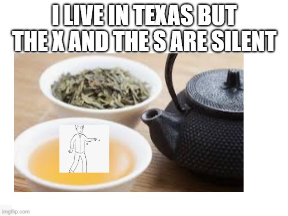 I LIVE IN TEXAS BUT THE X AND THE S ARE SILENT | image tagged in memes,person,tea | made w/ Imgflip meme maker