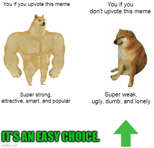 Make the right decision! | You if you upvote this meme; You if you don't upvote this meme; Super strong, attractive, smart, and popular; Super weak, ugly, dumb, and lonely; IT'S AN EASY CHOICE. | image tagged in memes,buff doge vs cheems,upvote begging | made w/ Imgflip meme maker