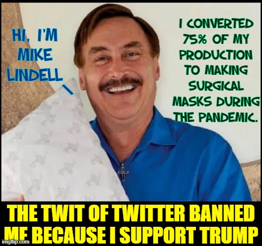 Perhaps, Jack Dorsey banned him for displaying the cross... |  I CONVERTED 75% OF MY
PRODUCTION TO MAKING SURGICAL MASKS DURING THE PANDEMIC. HI, I'M
MIKE LINDELL; \; THE TWIT OF TWITTER BANNED ME BECAUSE I SUPPORT TRUMP | image tagged in vince vance,mike lindell,my pillow,president trump,memes,banned from twitter | made w/ Imgflip meme maker