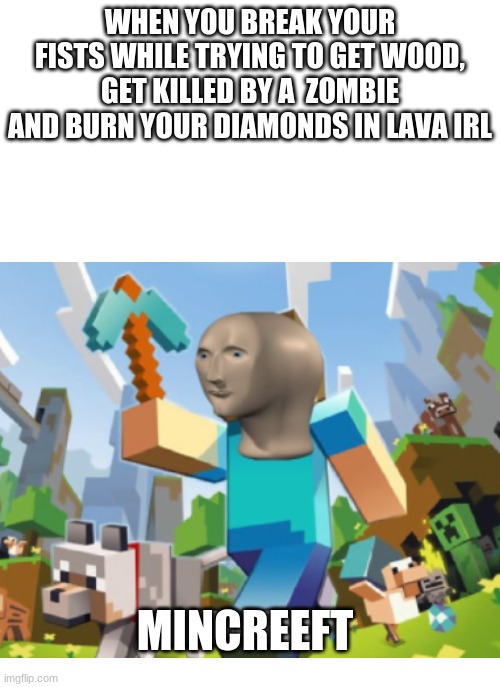look at the tags | WHEN YOU BREAK YOUR FISTS WHILE TRYING TO GET WOOD, GET KILLED BY A  ZOMBIE AND BURN YOUR DIAMONDS IN LAVA IRL; MINCREEFT | image tagged in meme man,minecraft,memes,never gonna give you up,never gonna let you down,oh wow are you actually reading these tags | made w/ Imgflip meme maker