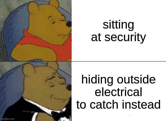 Among us best way to catch imposter | sitting at security; hiding outside electrical to catch instead | image tagged in memes,tuxedo winnie the pooh | made w/ Imgflip meme maker