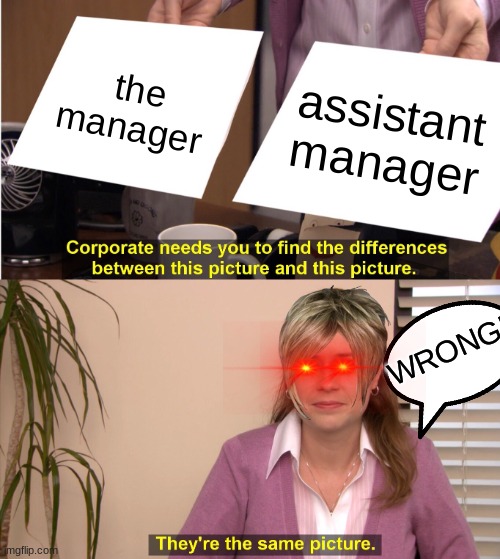 Yup | the manager; assistant manager; WRONG! | image tagged in memes,they're the same picture,karen | made w/ Imgflip meme maker