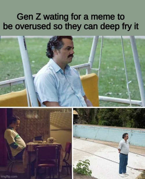 Sad Pablo Escobar Meme | Gen Z wating for a meme to be overused so they can deep fry it | image tagged in memes,sad pablo escobar,gen z | made w/ Imgflip meme maker