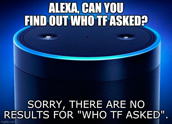 no one asked? really? | ALEXA, CAN YOU FIND OUT WHO TF ASKED? SORRY, THERE ARE NO RESULTS FOR "WHO TF ASKED". | image tagged in memes,funny,alexa,who asked,yes | made w/ Imgflip meme maker