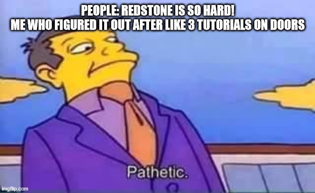 Redstone is so hard! | PEOPLE: REDSTONE IS SO HARD!
ME WHO FIGURED IT OUT AFTER LIKE 3 TUTORIALS ON DOORS | image tagged in skinner pathetic | made w/ Imgflip meme maker