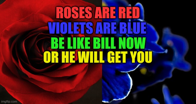 lol | ROSES ARE RED; VIOLETS ARE BLUE; BE LIKE BILL NOW; OR HE WILL GET YOU | image tagged in roses are red violets are blue | made w/ Imgflip meme maker