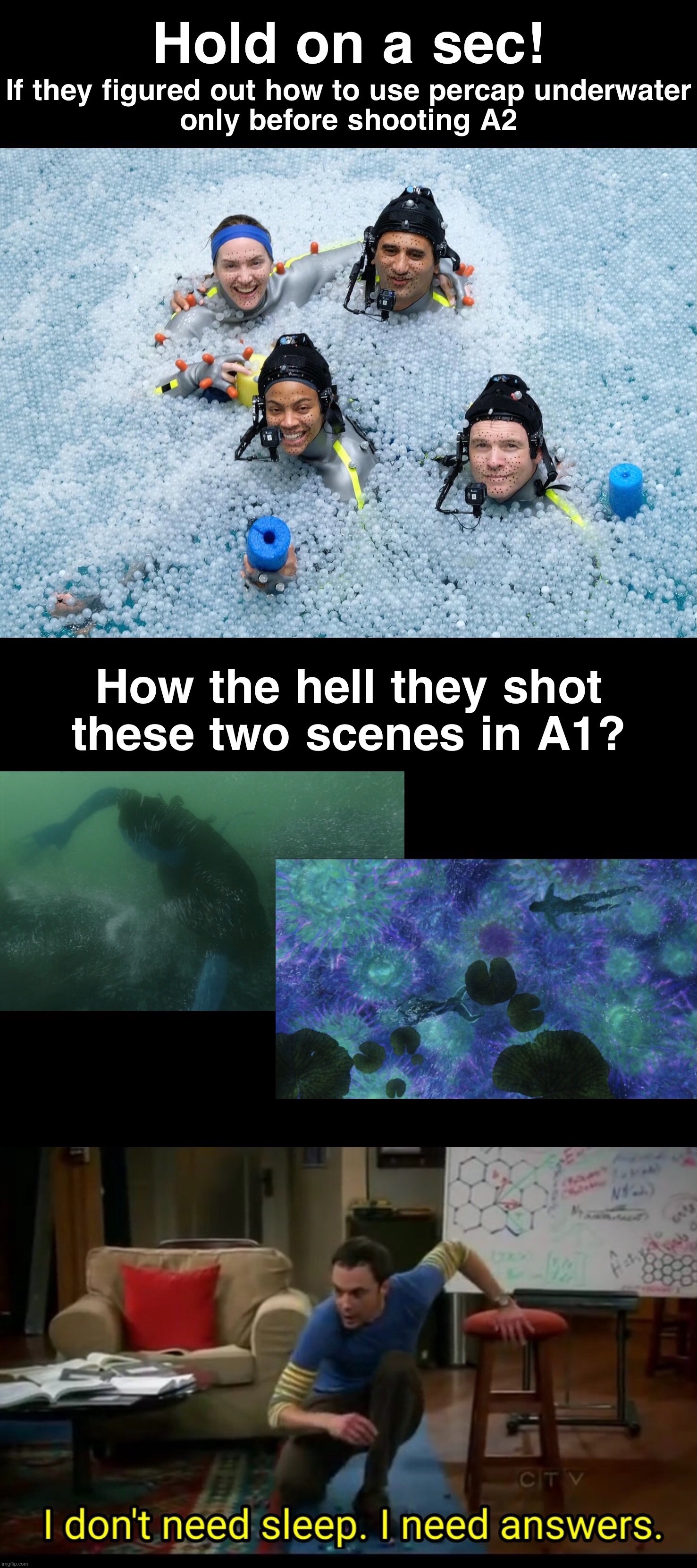 Avatar Underwater Performance Capture Meme; Hold on a sec! If they figured out how to use percap only before shooting A2, how the hell they shot these two scenes? I don’t need sleep. I need answers. | image tagged in avatar,avatar 2,underwater,movies,james cameron,i dont need sleep i need answers | made w/ Imgflip meme maker