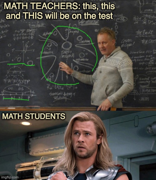 Getting students prepped for the test | MATH TEACHERS: this, this and THIS will be on the test; MATH STUDENTS | image tagged in math,test,student,teachers | made w/ Imgflip meme maker