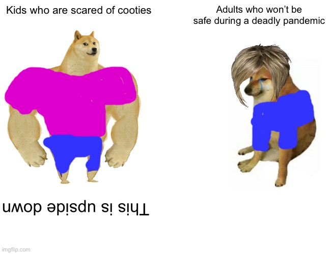 No nudity, right? | Kids who are scared of cooties; Adults who won’t be safe during a deadly pandemic; This is upside down | image tagged in memes,buff doge vs cheems,karen | made w/ Imgflip meme maker