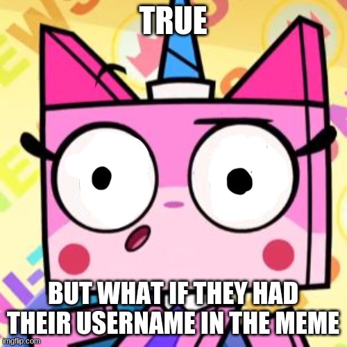 TRUE BUT WHAT IF THEY HAD THEIR USERNAME IN THE MEME | image tagged in unikitty | made w/ Imgflip meme maker
