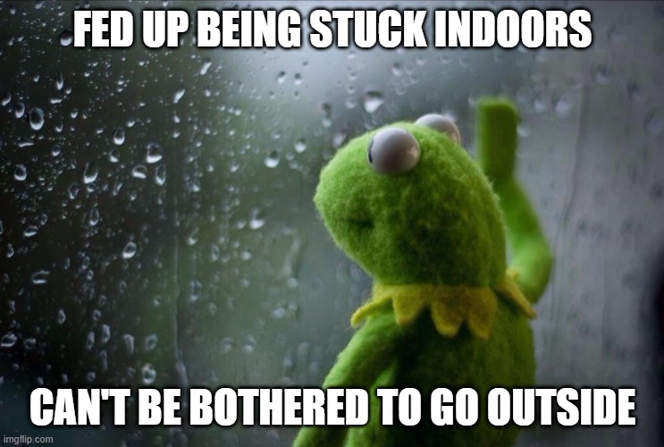 Lockdown Blues | FED UP BEING STUCK INDOORS; CAN'T BE BOTHERED TO GO OUTSIDE | image tagged in sad kermit,lockdown,stuck indoors,can't be bothered | made w/ Imgflip meme maker